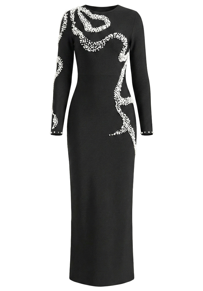 Long Sleeve Pearl Crystal Maxi Dress Black 10