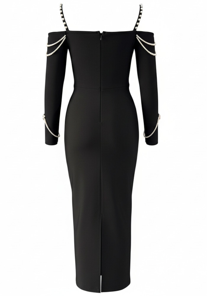 Long Sleeve Bardot Pearl Crystal Maxi Dress