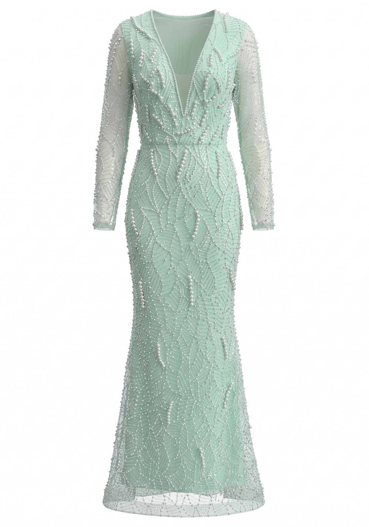 Long Sleeve Pearl Sequin Maxi Dress Green 7