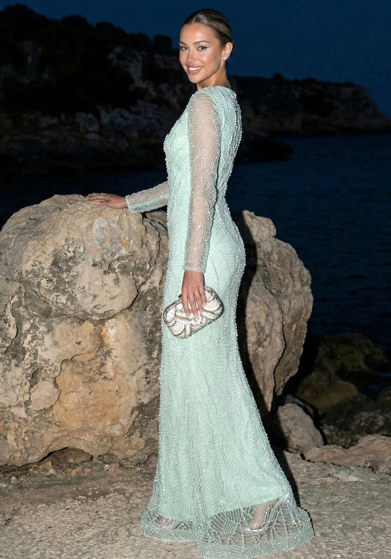 Long Sleeve Pearl Sequin Maxi Dress Green 6 Long Sleeve Pearl Sequin Maxi Dress Green 6