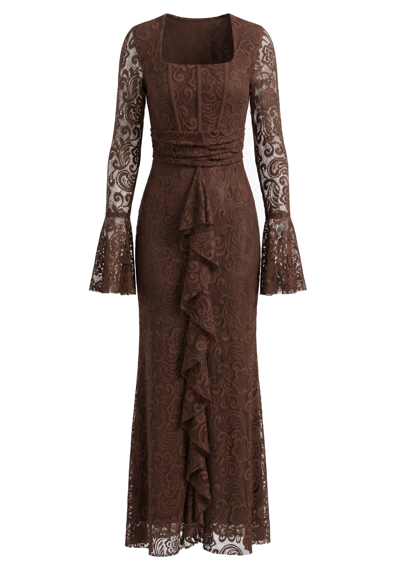 Long Sleeve Ruffle Detail Lace Maxi Dress Brown 10