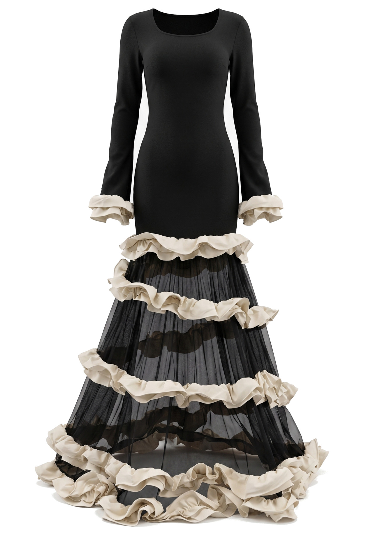 Long Sleeve Ruffle Mesh A Line Maxi Dress Black 8