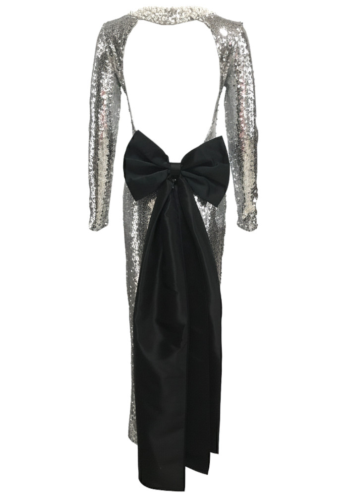Long Sleeve Sequin Backless Bow Maxi Dress