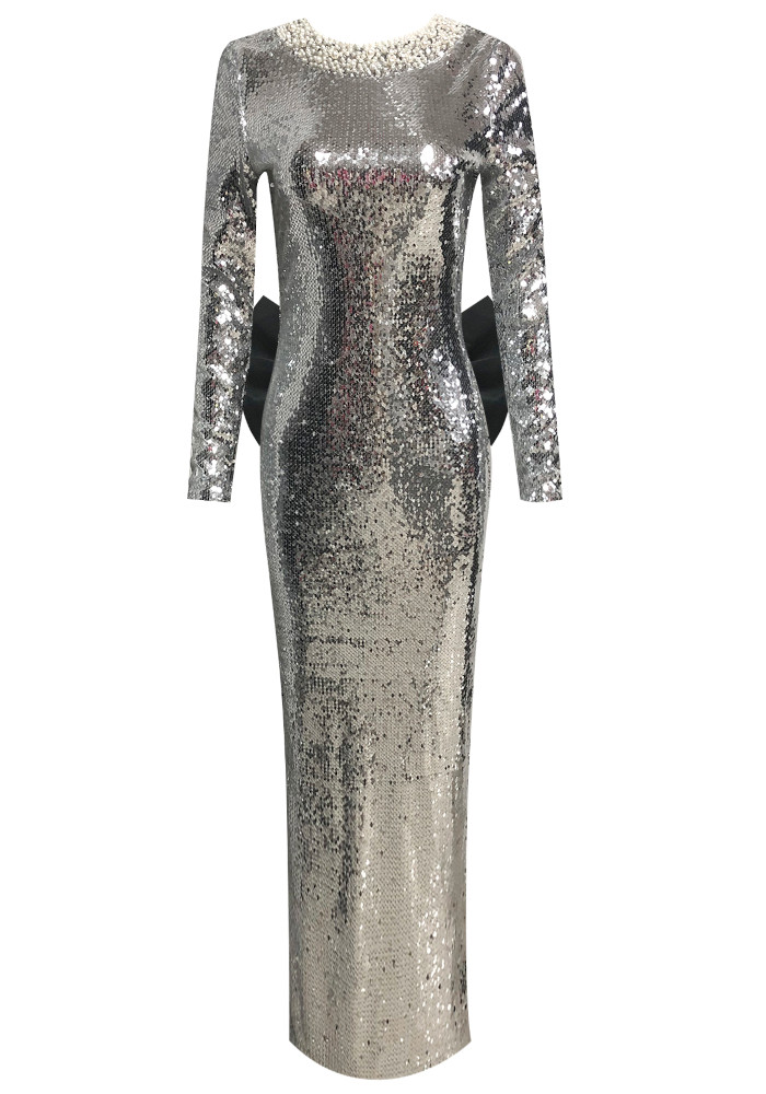 Long Sleeve Sequin Backless Bow Maxi Dress Silver 9