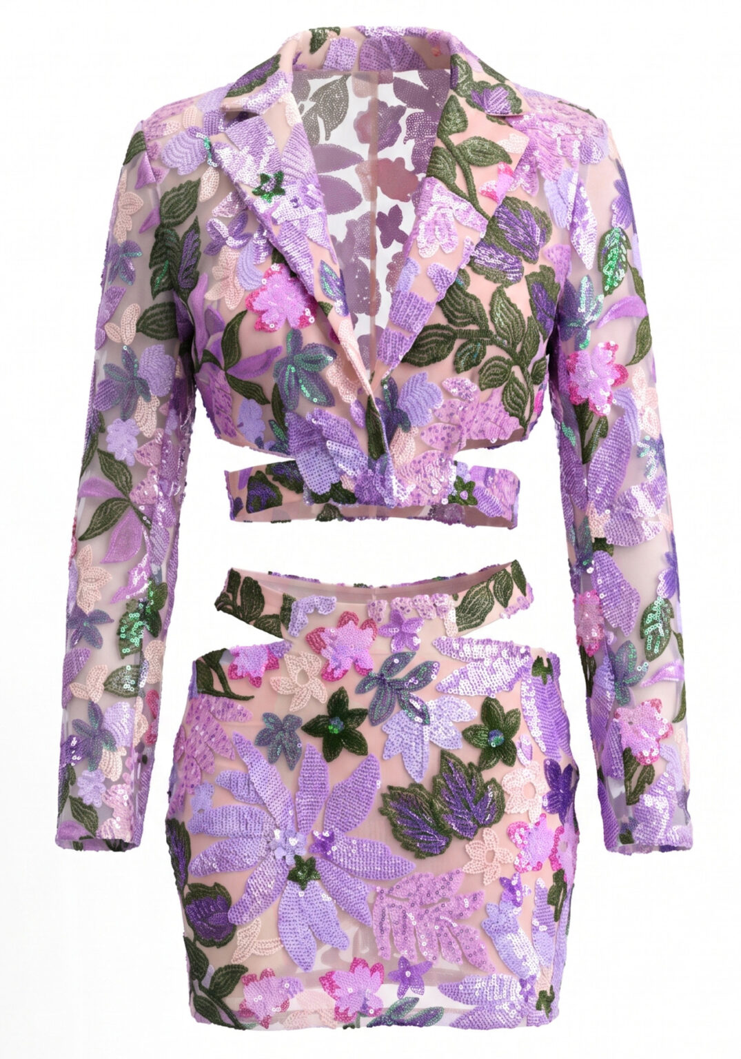Long Sleeve Sequin Floral Two Piece Dress