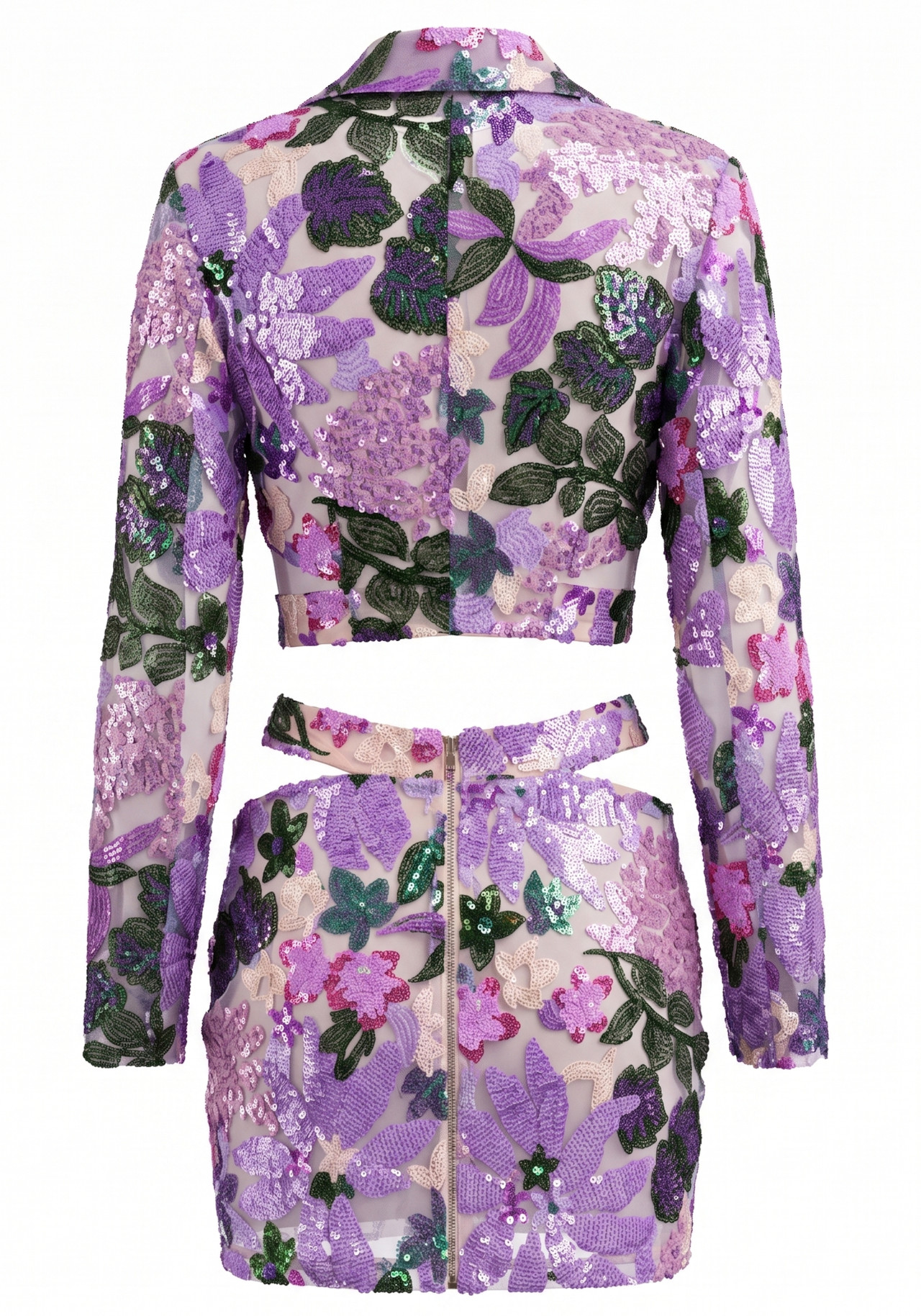 Long Sleeve Sequin Floral Two Piece Dress Purple 10