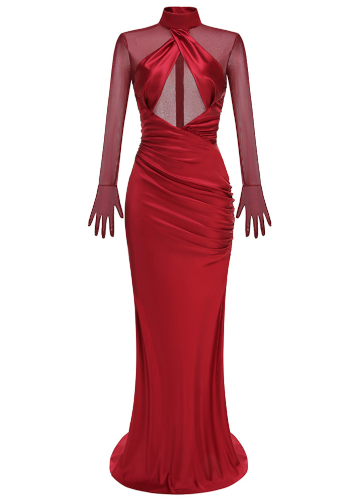 Mesh Glove Sleeves Draped Maxi Dress Red 9