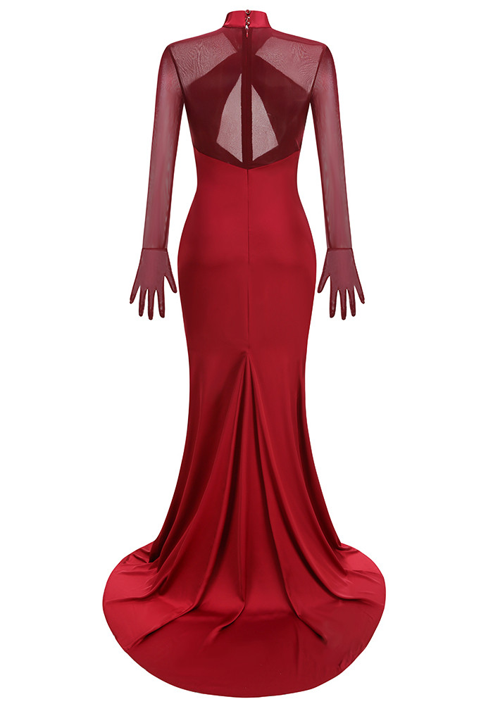 Mesh Glove Sleeves Draped Maxi Dress Red 10