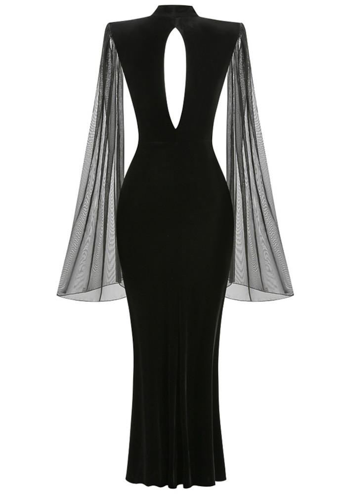 Mesh Sleeves Maxi Velvet Dress Black 10