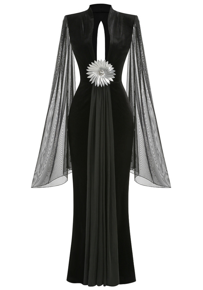 Mesh Sleeves Maxi Velvet Dress Black 9