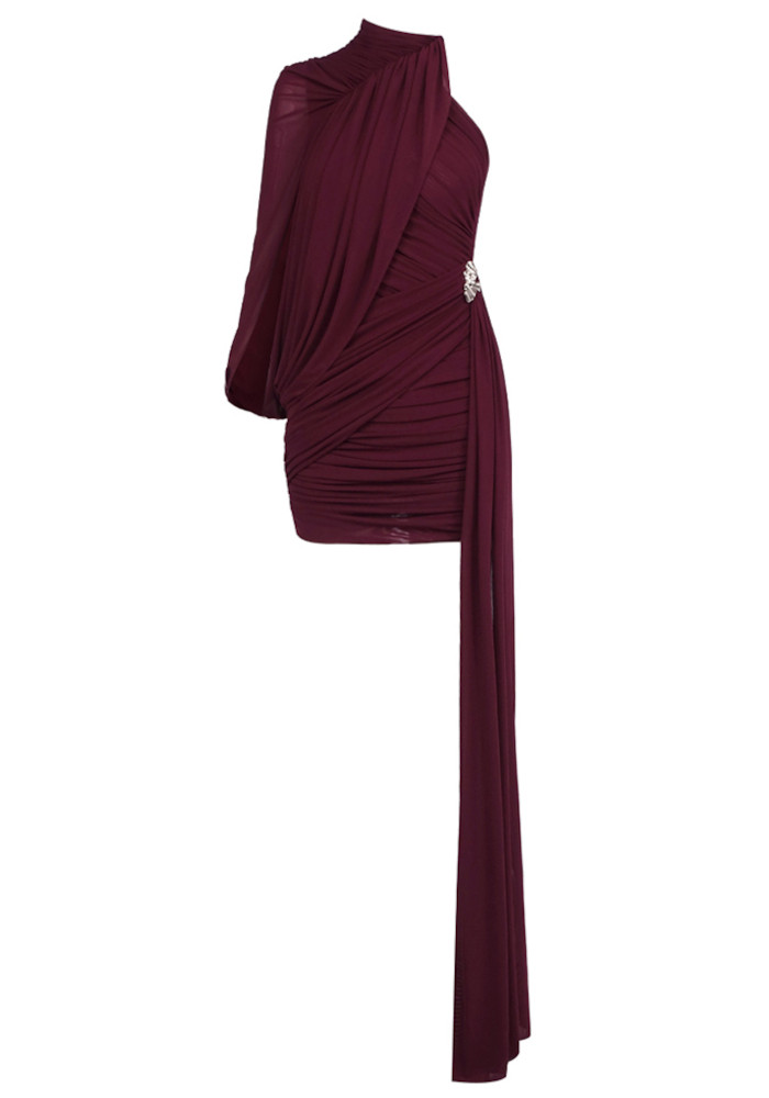 One Sleeve Draped Dress Burgundy 8 One Sleeve Draped Dress Burgundy 8