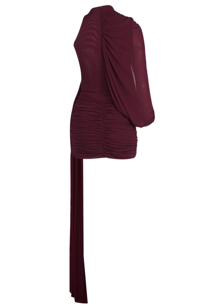 One Sleeve Draped Dress Burgundy 9