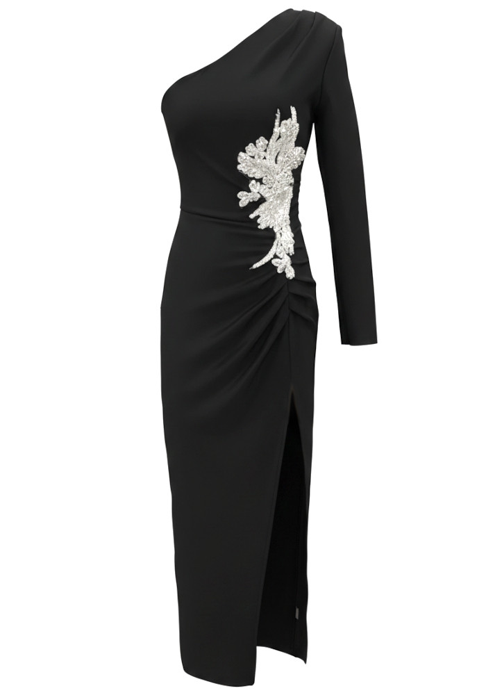 One Sleeve Floral Embellished Maxi Dress Black 9