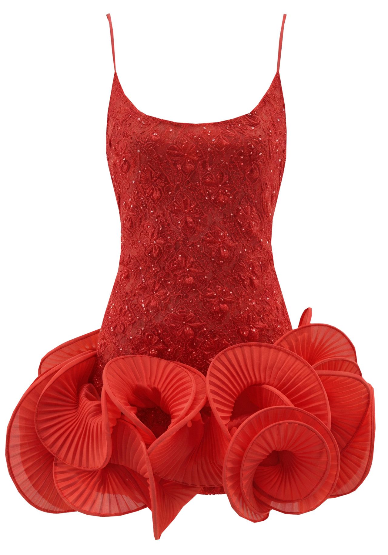 Long Sleeve Pleated Ruffle Dress Red 10