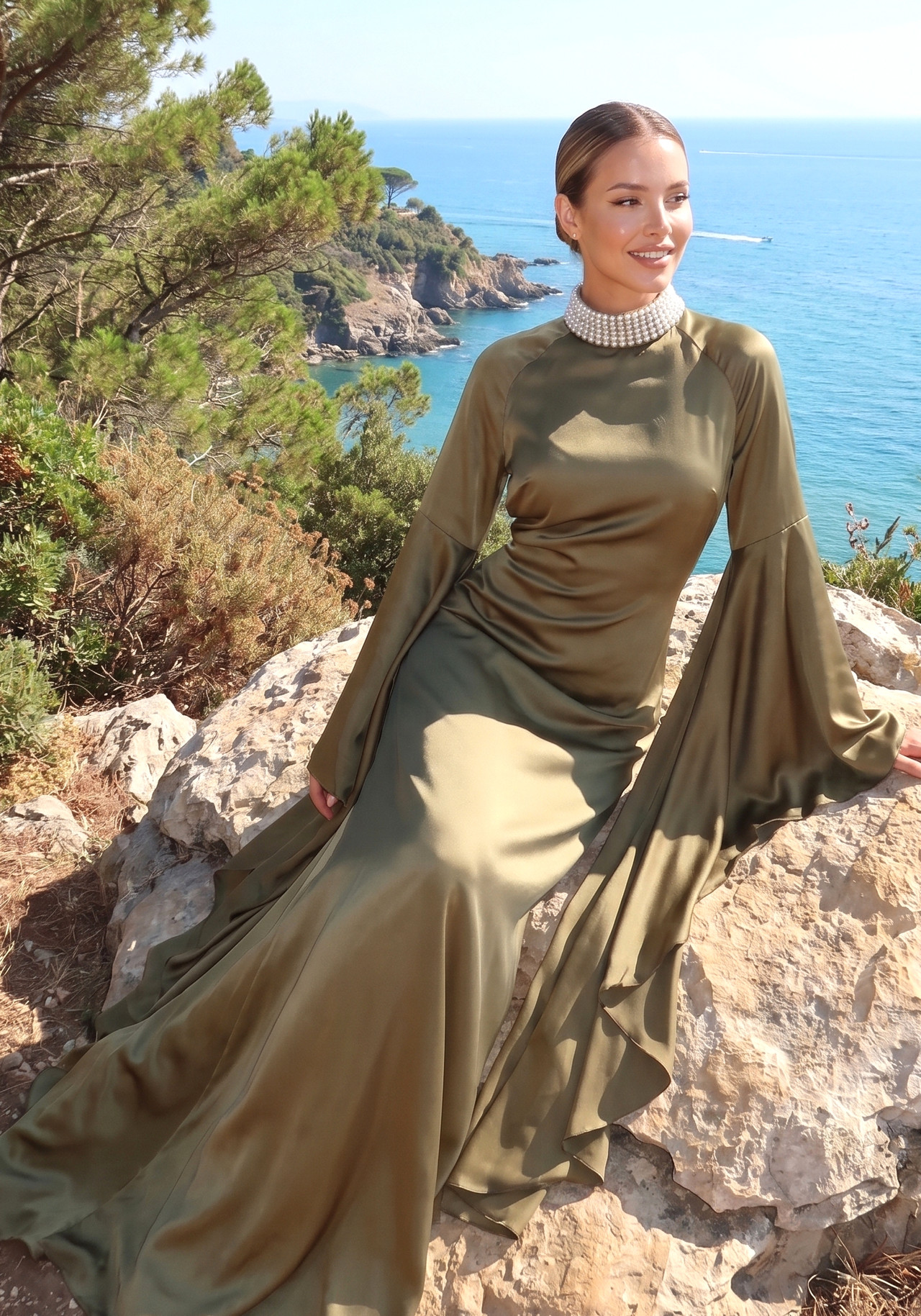 Long Ruffle Sleeve Maxi Dress Olive Green 2