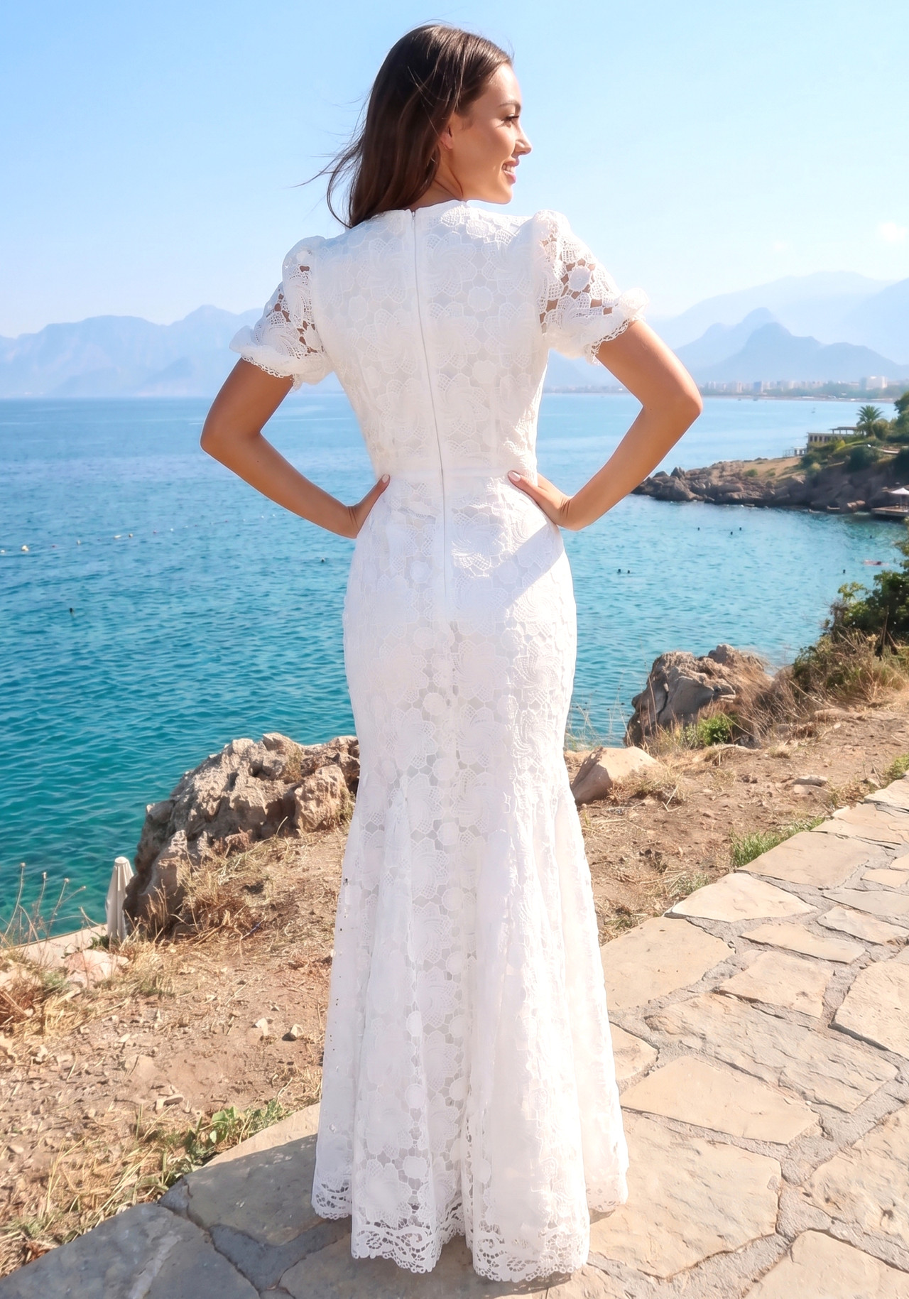Short Sleeve Floral Crochet Mermaid Maxi Dress White 7 Short Sleeve Floral Crochet Mermaid Maxi Dress White 7