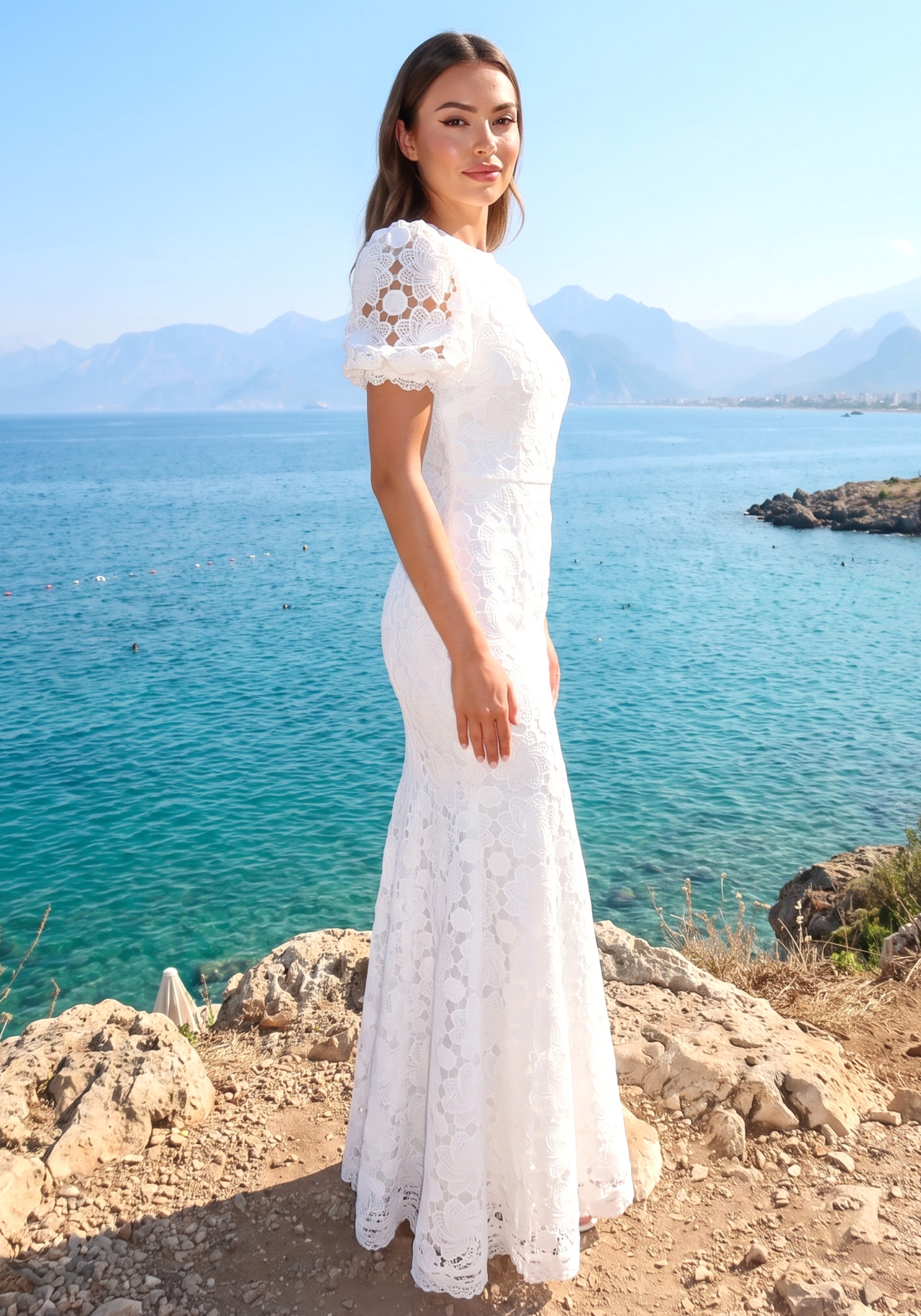 Short Sleeve Floral Crochet Mermaid Maxi Dress White 5 Short Sleeve Floral Crochet Mermaid Maxi Dress White 5