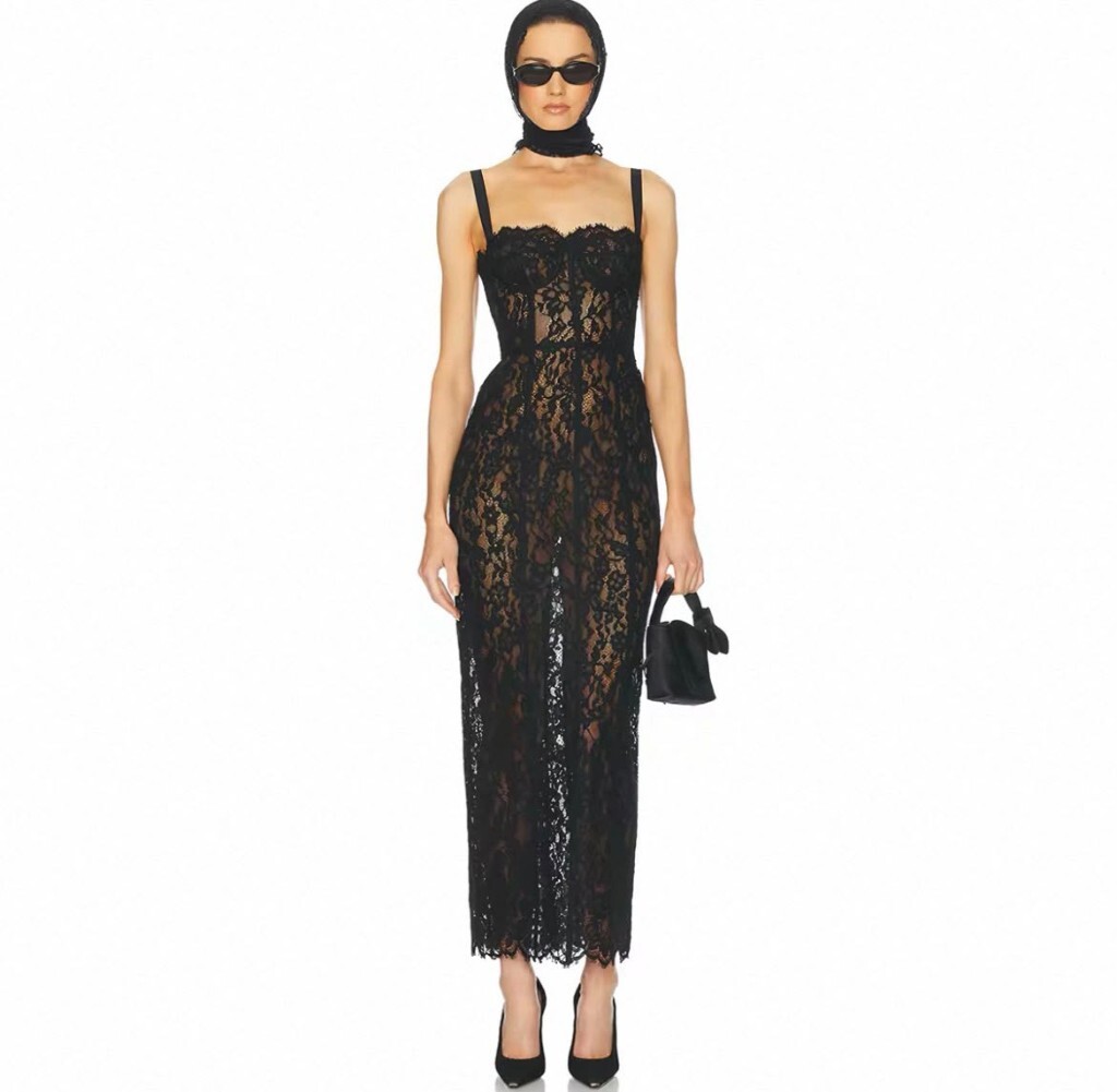 Lace Bustier Midi Dress black worn Lace Bustier Midi Dress black worn